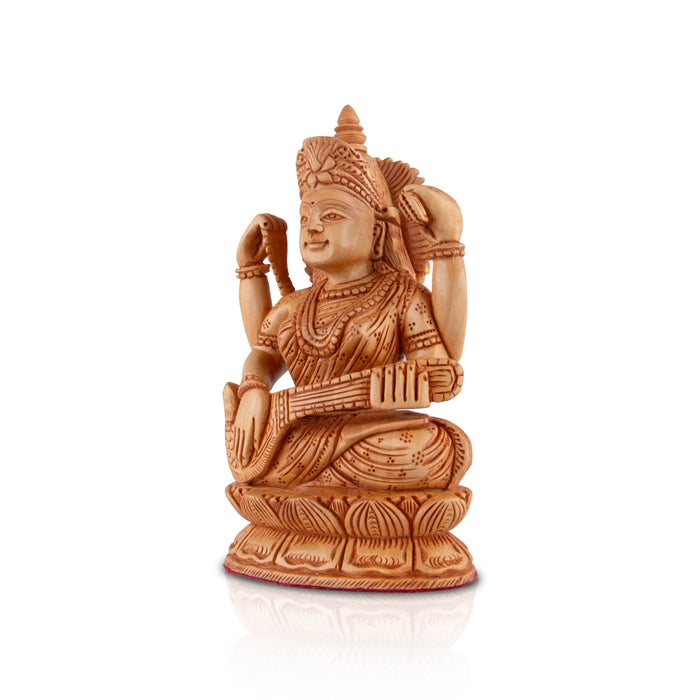 Saraswati Murti - 6 x 4.5 Inches | Wooden Statue/ Sitting Saraswati Idol for Pooja - Wooden Murties