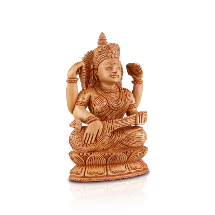 Saraswati Murti - 6 x 4.5 Inches | Wooden Statue/ Sitting Saraswati Idol for Pooja - Wooden Murties