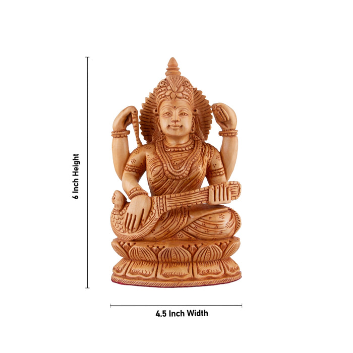 Saraswati Murti - 6 x 4.5 Inches | Wooden Statue/ Sitting Saraswati Idol for Pooja - Wooden Murties