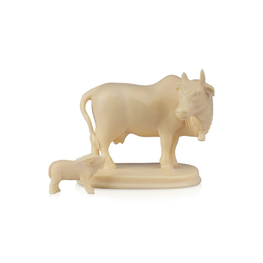 Cow And Calf Idol - 3.5 x 3.5 Inches | Wooden Statue/ Kamdhenu Cow With Calf for Pooja - Table Stand Accessories