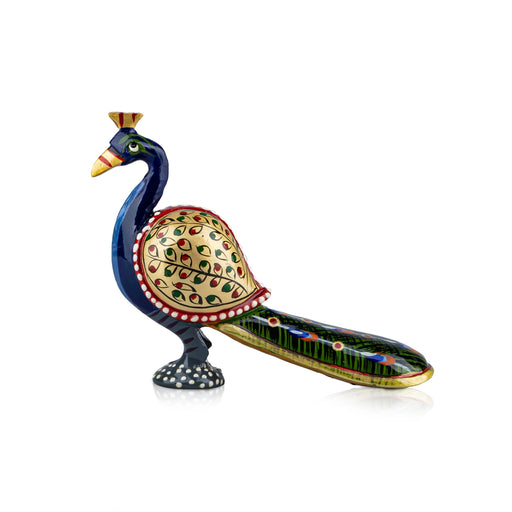 Long Tail Peacock Statue - 5 x 5 Inches | Painted Peacock Idol/ Wooden Statue for Home Decor - Table Stand Accessories