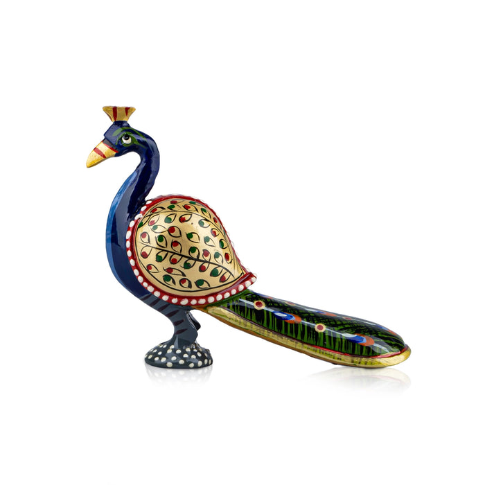 Long Tail Peacock Statue - 5 x 5 Inches | Painted Peacock Idol/ Wooden Statue for Home Decor - Table Stand Accessories