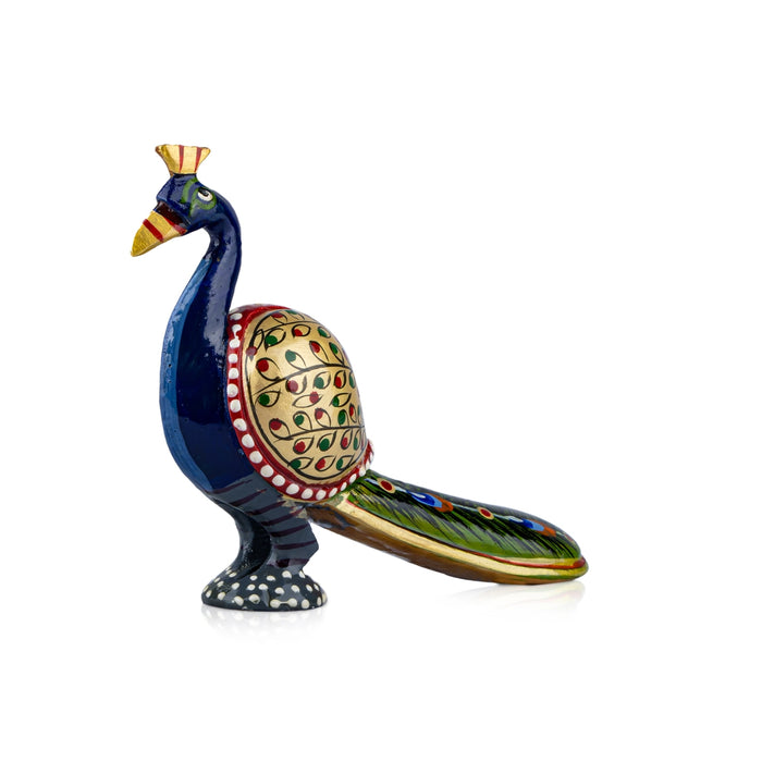 Long Tail Peacock Statue - 5 x 5 Inches | Painted Peacock Idol/ Wooden Statue for Home Decor - Table Stand Accessories