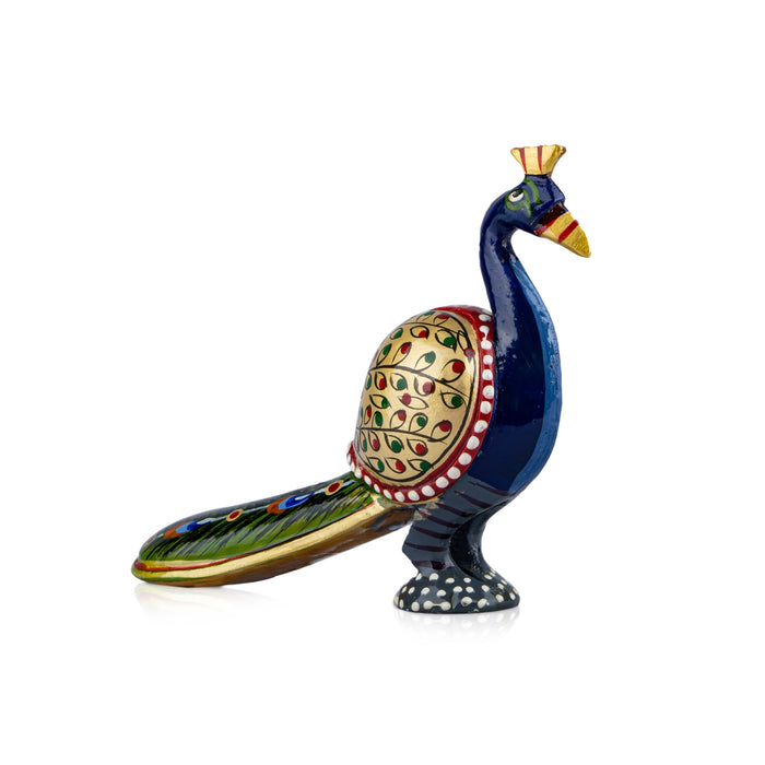 Long Tail Peacock Statue - 5 x 5 Inches | Painted Peacock Idol/ Wooden Statue for Home Decor - Table Stand Accessories