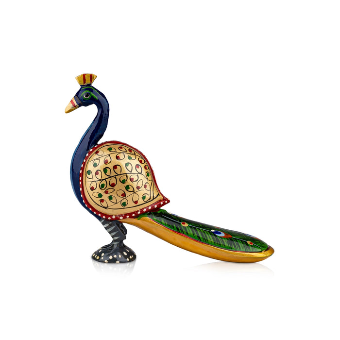Long Tail Peacock Statue - 6 x 6 Inches | Painted Peacock Idol/ Wooden Statue for Home Decor - Table Stand Accessories