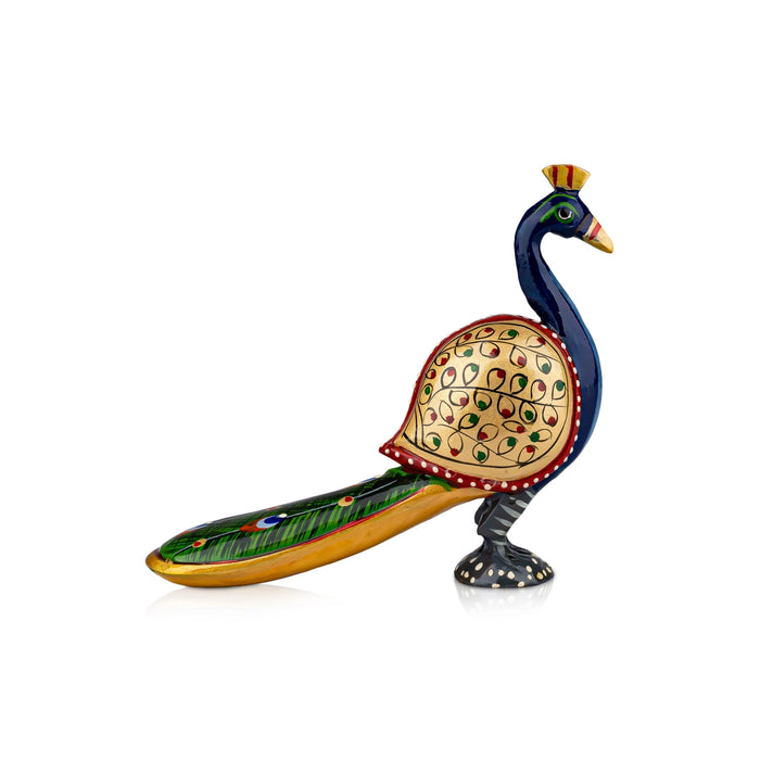 Long Tail Peacock Statue - 6 x 6 Inches | Painted Peacock Idol/ Wooden Statue for Home Decor - Table Stand Accessories