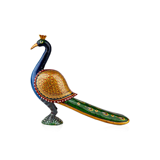 Long Tail Peacock Statue - 8 x 9.5 Inches | Painted Peacock Idol/ Wooden Statue for Home Decor - Table Stand Accessories