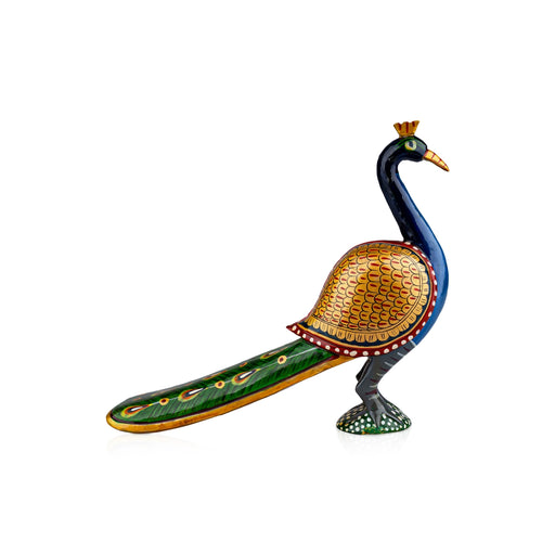 Long Tail Peacock Statue - 8 x 9.5 Inches | Painted Peacock Idol/ Wooden Statue for Home Decor - Table Stand Accessories