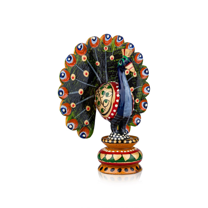 Chatter Peacock Statue - 3 x 3 Inches | Painted Peacock Idol/ Wooden Statue for Home Decor - Table Stand Accessories