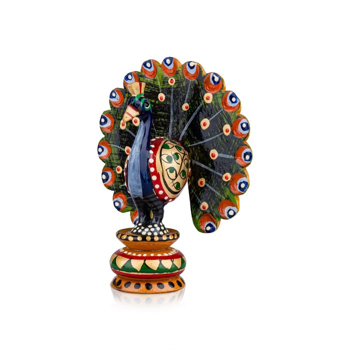 Chatter Peacock Statue - 3 x 3 Inches | Painted Peacock Idol/ Wooden Statue for Home Decor - Table Stand Accessories