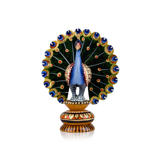 Chatter Peacock Statue - 4 x 3.25 Inches | Painted Peacock Idol/ Wooden Statue for Home Decor - Table Stand Accessories