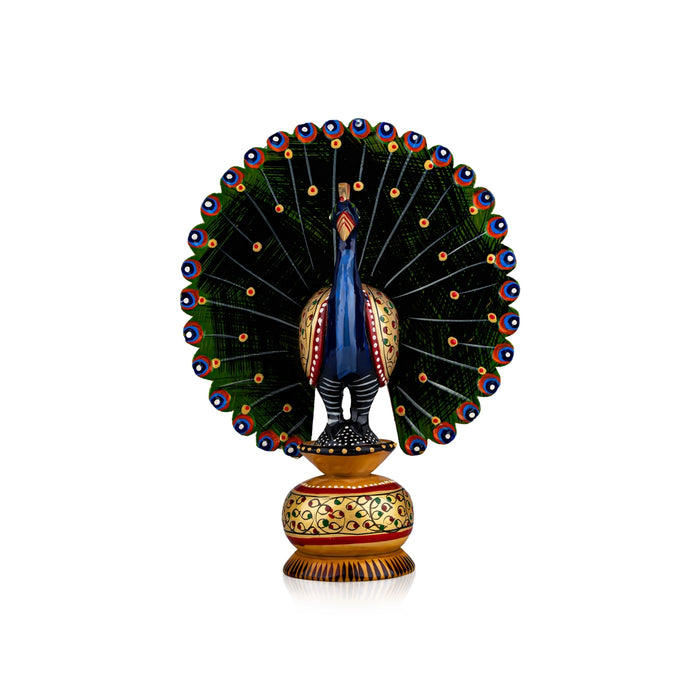 Chatter Peacock Statue - 8 x 6 Inches | Painted Peacock Idol/ Wooden Statue for Home Decor - Table Stand Accessories