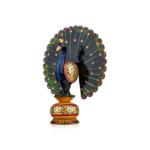 Chatter Peacock Statue - 8 x 6 Inches | Painted Peacock Idol/ Wooden Statue for Home Decor - Table Stand Accessories