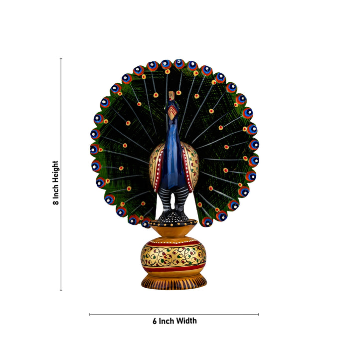 Chatter Peacock Statue - 8 x 6 Inches | Painted Peacock Idol/ Wooden Statue for Home Decor - Table Stand Accessories