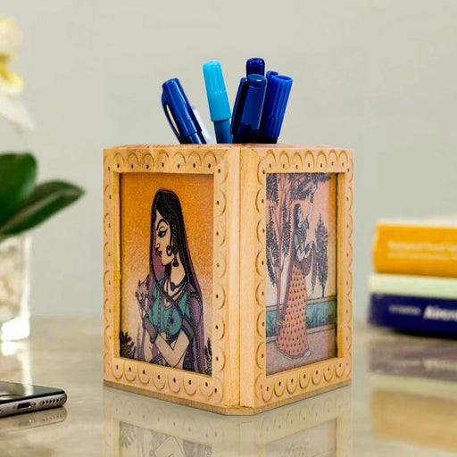 Wooden Pen Stand - 3.5 x 3 Inches | Pen Holder for Desk - Table Stand Accessories
