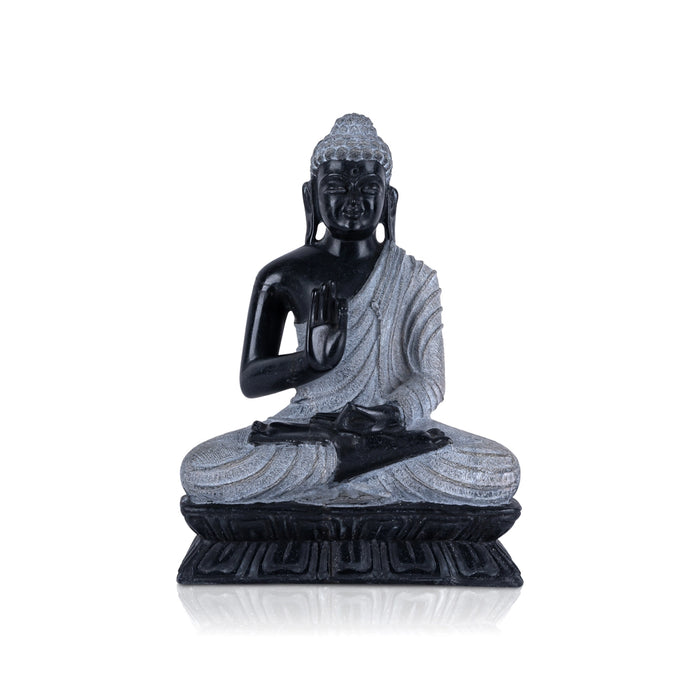 Buddha Statue Sitting On Flower Base - 10 x 7 Inches | Marble Murti/ Black Stone Polish Buddha Murti for Pooja