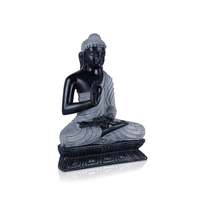 Buddha Statue Sitting On Flower Base - 10 x 7 Inches | Marble Murti/ Black Stone Polish Buddha Murti for Pooja