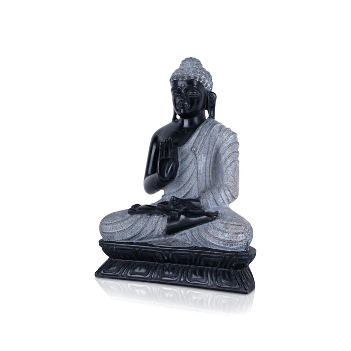 Buddha Statue Sitting On Flower Base - 10 x 7 Inches | Marble Murti/ Black Stone Polish Buddha Murti for Pooja