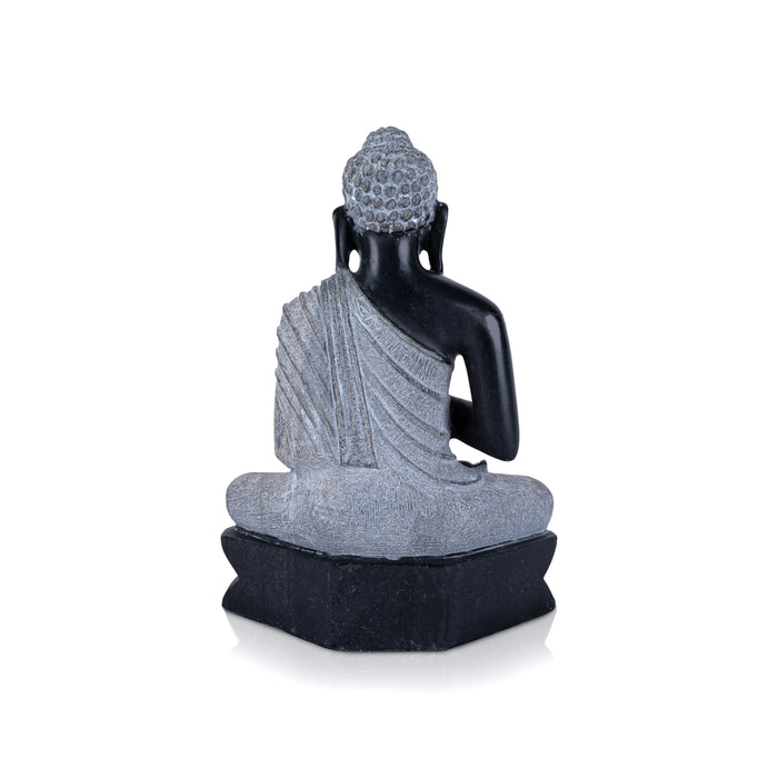 Buddha Statue Sitting On Flower Base - 10 x 7 Inches | Marble Murti/ Black Stone Polish Buddha Murti for Pooja