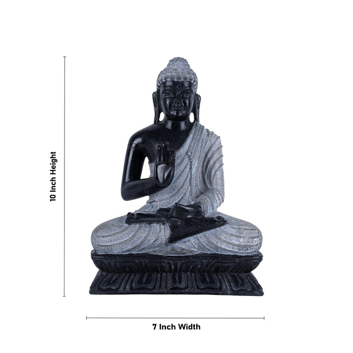 Buddha Statue Sitting On Flower Base - 10 x 7 Inches | Marble Murti/ Black Stone Polish Buddha Murti for Pooja