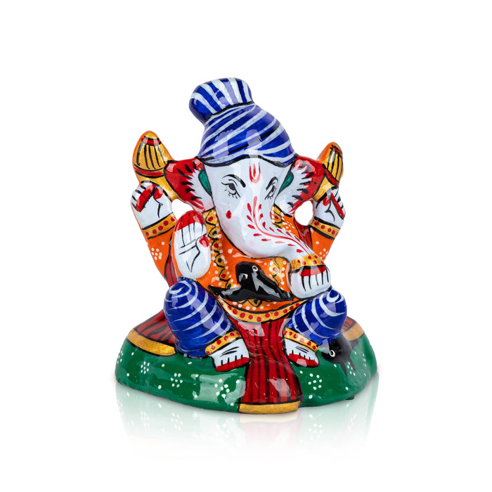 Ganesh Murti - 3 x 4.5 Inches | Painted Ganpati Murti/ Sitting Ganpati Idol/ Metal Vinayaka Statue for Pooja - Aluminium Murties