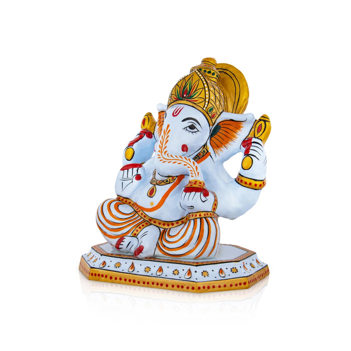 Ganesh Murti Sitting On Base - 6 x 5 Inches | Painted Vinayaka Statue/ Metal Ganpati Murti for Worship & Pooja - Aluminium Murties