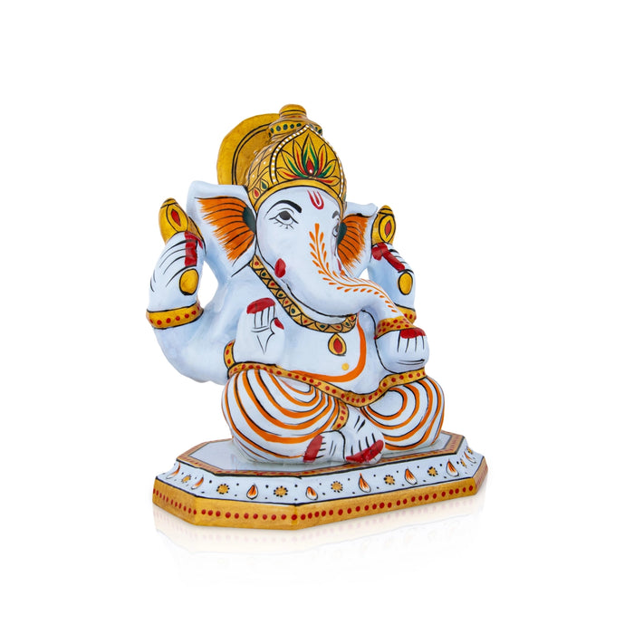 Ganesh Murti Sitting On Base - 6 x 5 Inches | Painted Vinayaka Statue/ Metal Ganpati Murti for Worship & Pooja - Aluminium Murties