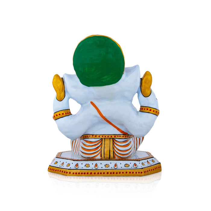 Ganesh Murti Sitting On Base - 6 x 5 Inches | Painted Vinayaka Statue/ Metal Ganpati Murti for Worship & Pooja - Aluminium Murties