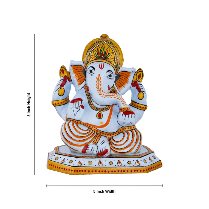Ganesh Murti Sitting On Base - 6 x 5 Inches | Painted Vinayaka Statue/ Metal Ganpati Murti for Worship & Pooja - Aluminium Murties