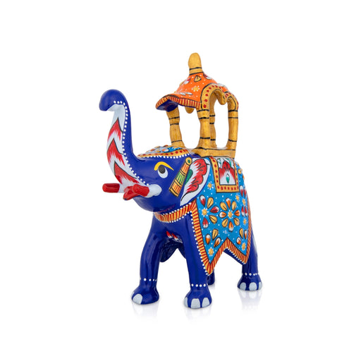 Elephant Statue - 5 x 4.5 Inches | Metal Ambari Elephant Idol/ Painted Elephant Sculpture for Home Decor - Table Stand Accessories