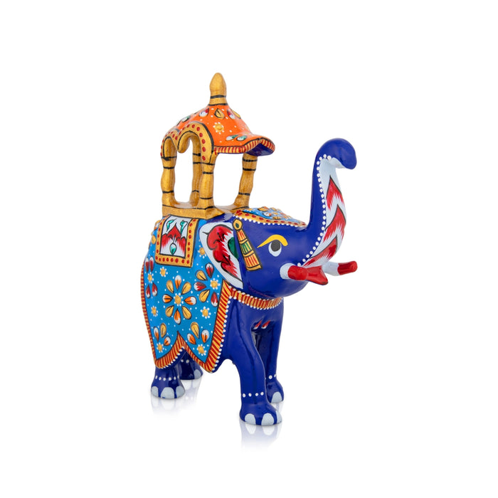 Elephant Statue - 5 x 4.5 Inches | Metal Ambari Elephant Idol/ Painted Elephant Sculpture for Home Decor - Table Stand Accessories