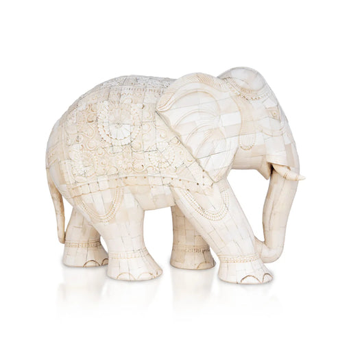 Elephant Statue - 10 x 12 inches | Bone Antic Finsh/ Carving Design Elephant Idol / Elephant Sculpture For Home Decor - Table Stand Accessories