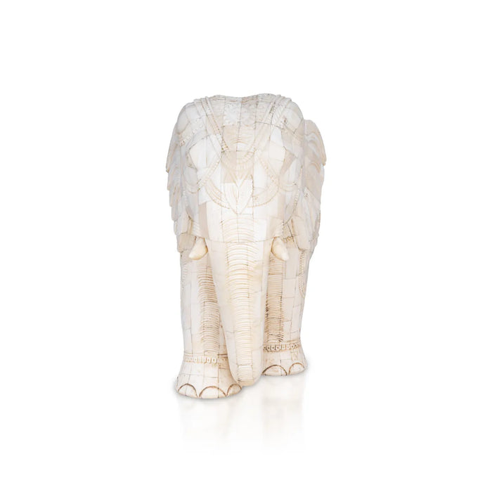 Elephant Statue - 10 x 12 inches | Bone Antic Finsh/ Carving Design Elephant Idol / Elephant Sculpture For Home Decor - Table Stand Accessories