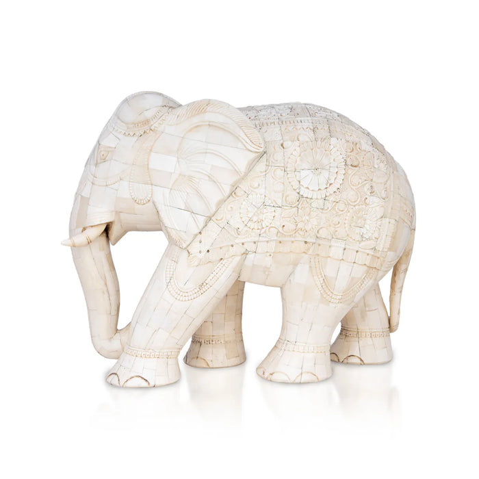 Elephant Statue - 10 x 12 inches | Bone Antic Finsh/ Carving Design Elephant Idol / Elephant Sculpture For Home Decor - Table Stand Accessories
