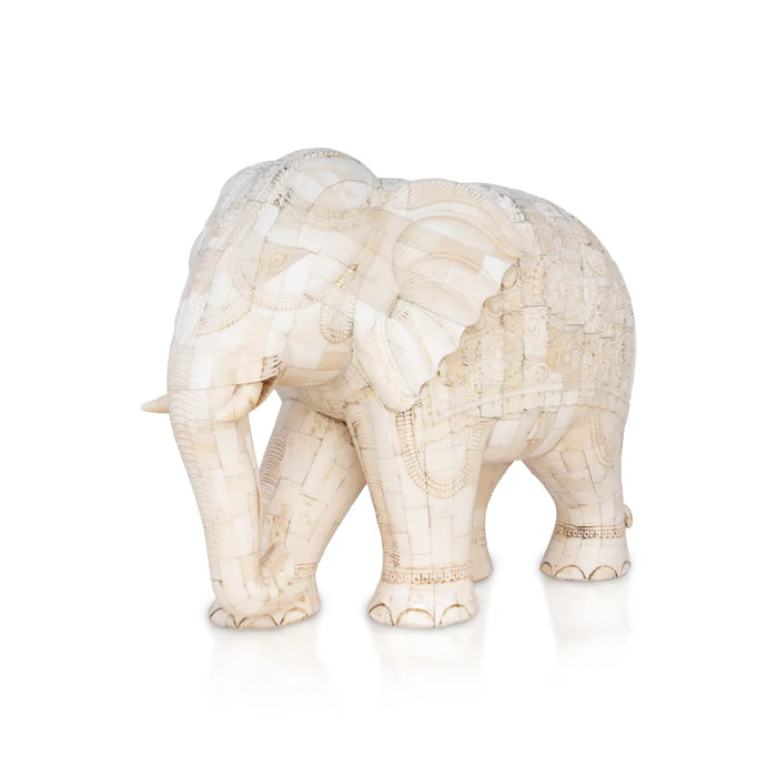 Elephant Statue - 10 x 12 inches | Bone Antic Finsh/ Carving Design Elephant Idol / Elephant Sculpture For Home Decor - Table Stand Accessories