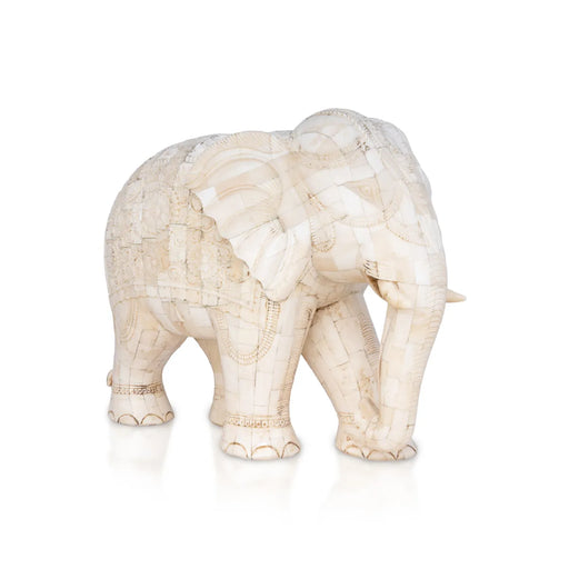 Elephant Statue - 10 x 12 inches | Bone Antic Finsh/ Carving Design Elephant Idol / Elephant Sculpture For Home Decor - Table Stand Accessories