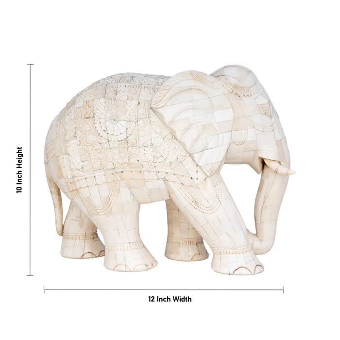 Elephant Statue - 10 x 12 inches | Bone Antic Finsh/ Carving Design Elephant Idol / Elephant Sculpture For Home Decor - Table Stand Accessories