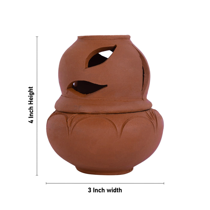 Dhoom Pot With Lid - 4 x 3 Inches | Sambrani Holder/ Terracotta Clay Incense Burner For Pooja And Fragrance - Sambrani Stand