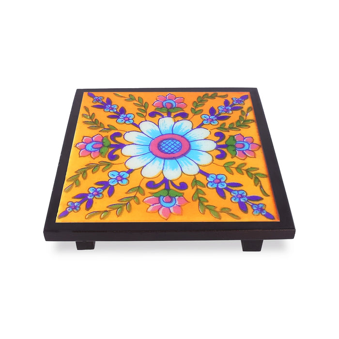 Rangoli Design Manai Palagai - 1.25 X 6 Inches | Square Shape Pooja Chowki/ Wooden Bajot/ Patla For Pooja