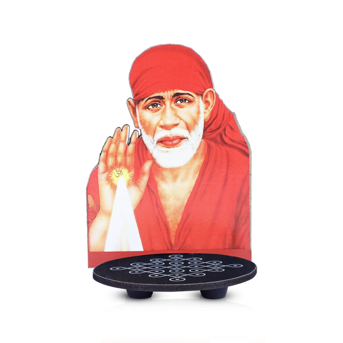 Saibaba With Kolam Stand - 5.5 x 4 Inches | Deity With Wooden Bajot for Pooja