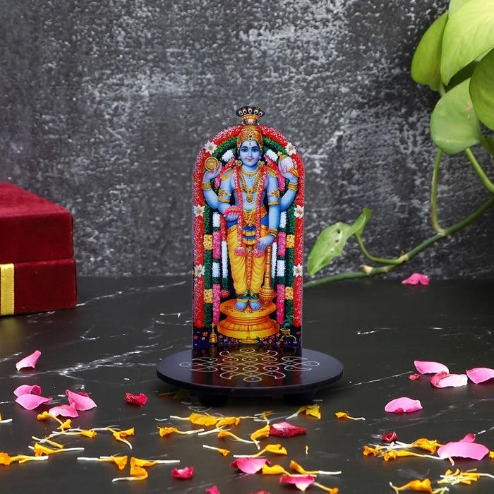 Guruvayurappa With Kolam Stand - 5 x 3.5 Inches | Deity With Wooden Bajot for Pooja - Pooja Aasan & Bajot & Pooja Mat