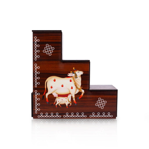 Diya Stand - 8 x 7.5 x 2.5 Inches | 3 Steps Wooden Stand/ Kolam & Cow Calf Design Lamp Stand for Deepam & Home - Lamp Stands & Accessories