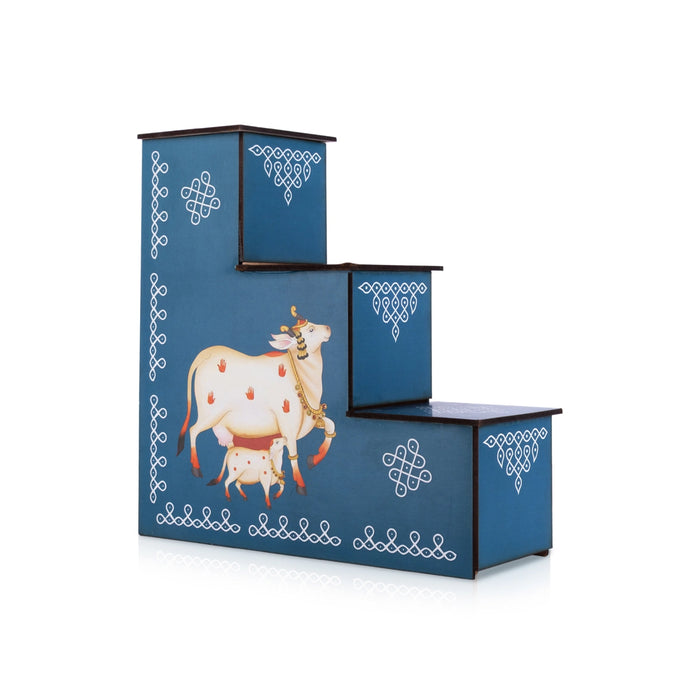 Diya Stand - 8 x 7.5 x 2.5 Inches | 3 Steps Wooden Stand/ Kolam & Cow Calf Design Lamp Stand for Deepam & Home