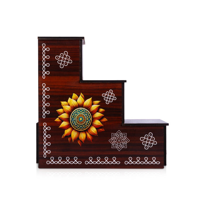 Diya Stand - 8 x 7.5 x 2.5 Inches | 3 Steps Wooden Stand/ Kolam & Cow Calf Design Lamp Stand for Deepam & Home