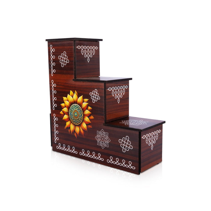 Diya Stand - 8 x 7.5 x 2.5 Inches | 3 Steps Wooden Stand/ Kolam & Cow Calf Design Lamp Stand for Deepam & Home