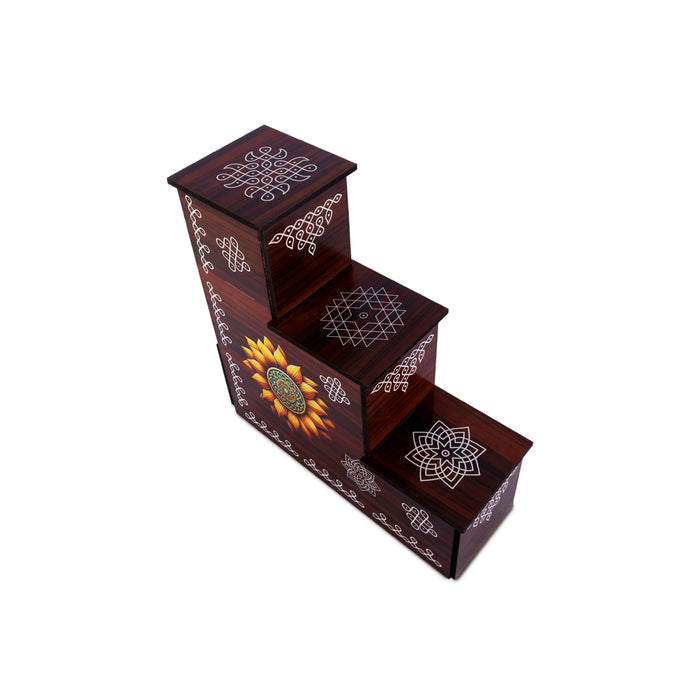 Diya Stand - 8 x 7.5 x 2.5 Inches | 3 Steps Wooden Stand/ Kolam & Cow Calf Design Lamp Stand for Deepam & Home