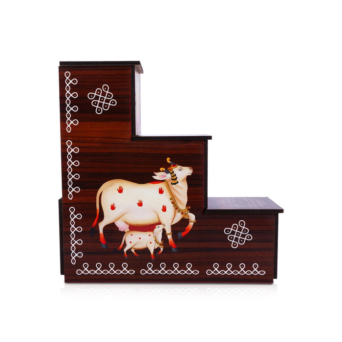 Diya Stand - 8 x 7.5 x 2.5 Inches | 3 Steps Wooden Stand/ Kolam & Cow Calf Design Lamp Stand for Deepam & Home