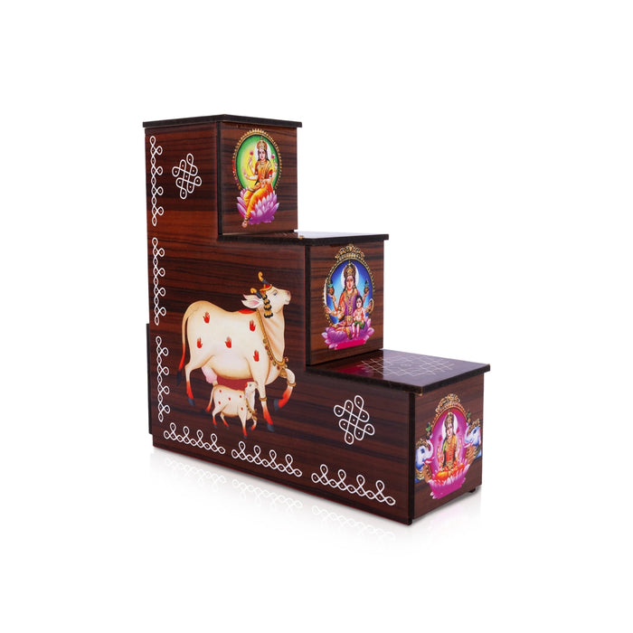 Diya Stand - 8 x 7.5 x 2.5 Inches | 3 Steps Wooden Stand/ Kolam & Cow Calf Design Lamp Stand for Deepam & Home