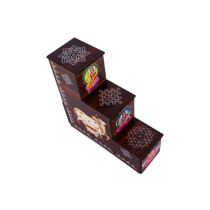 Diya Stand - 8 x 7.5 x 2.5 Inches | 3 Steps Wooden Stand/ Kolam & Cow Calf Design Lamp Stand for Deepam & Home