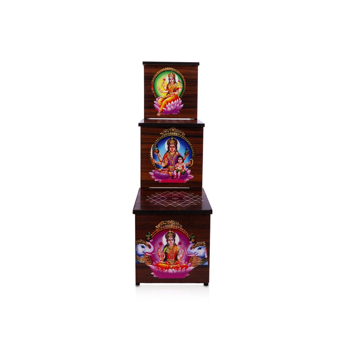 Diya Stand - 8 x 7.5 x 2.5 Inches | 3 Steps Wooden Stand/ Kolam & Cow Calf Design Lamp Stand for Deepam & Home